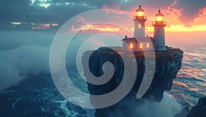 Lighthouse on a Cliff at Sunset