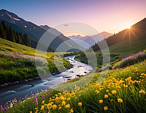 Serene Sunset over Mountain River and Wildflower Meadow