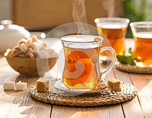 A glass of steaming tea sits on a woven mat, set on a wooden table