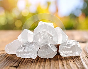 Sugar crystals are arranged on a rustic wooden surface