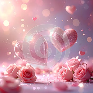 Romantic Pink Hearts and Roses with Bokeh Lights