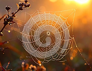 Dew-Kissed Spiderweb at Sunrise