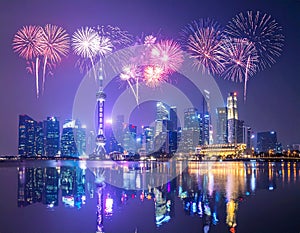 Spectacular Fireworks Over Shanghai Skyline at Night