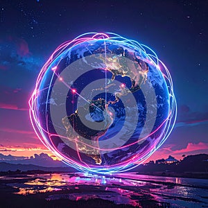 Global Network Connection at Sunset