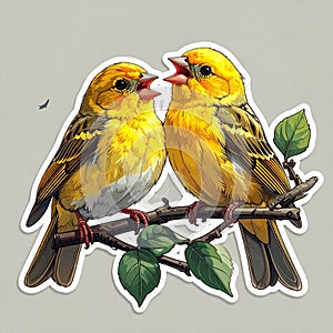 Vibrant Yellow Birds Singing on a Branch Illustration