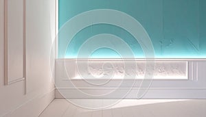 Modern minimal interior wall with turquoise panel and soft ambient lighting