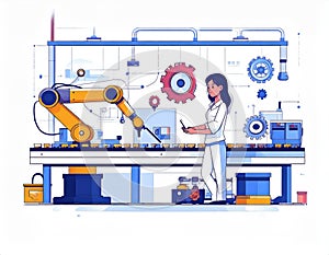 A female engineer operates a robotic arm