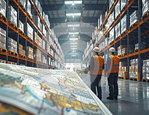 Two Warehouse Workers Standing in Large Distribution Center Logistics and Inventory Management