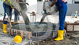 Construction Workers Pouring Concrete into Formwork