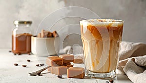 Glass with delicious caramel latte on table
