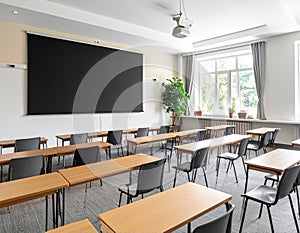 Bright Classroom Empty Desks Projector Screen and Natural Light for Learning Presentation