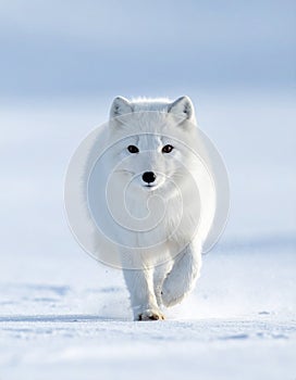 Arctic Fox with White Winter Fur Walking in Snow