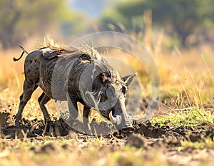 Wild African Warthog Digging for Food in the Savanna