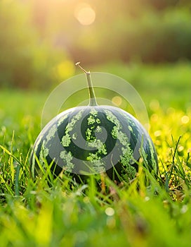 Whole ripe watermelon in fresh green grass outdoors