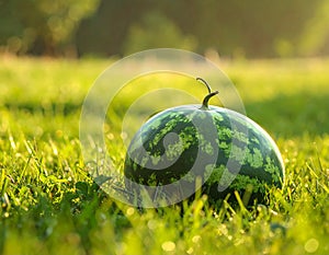 Whole ripe watermelon in fresh green grass outdoors