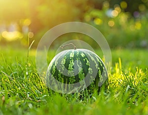 Whole ripe watermelon in fresh green grass outdoors