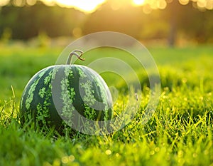 Whole ripe watermelon in fresh green grass outdoors