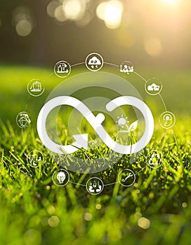 Circular economy concept. Green grass and illustration of infinity symbol and different nt