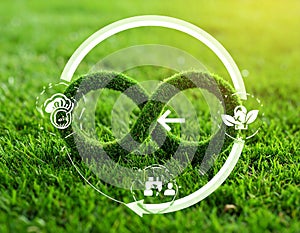 Circular economy concept. Green grass and illustration of infinity symbol and different nt
