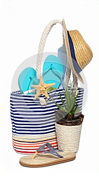 Set of beach accessories on white background