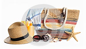 Set of beach accessories on white background