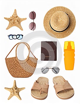Set of beach accessories on white background