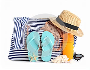 Set of beach accessories on white background