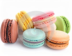 Different delicious colorful macarons on white background