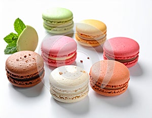 Different delicious colorful macarons on white background