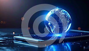 Modern tablet with glowing blue digital globe and global network data visualization