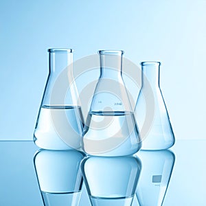 Flasks with liquid on the mirror surface, light blue background, text area. Laborator