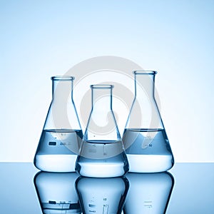 Flasks with liquid on the mirror surface, light blue background, text area. Laborator