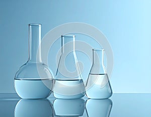 Flasks with liquid on the mirror surface, light blue background, text area. Laborator
