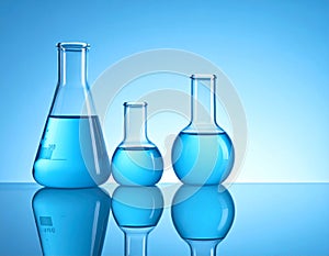 Flasks with liquid on the mirror surface, light blue background, text area. Laborator