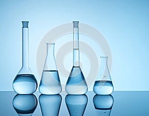 Flasks with liquid on the mirror surface, light blue background, text area. Laborator