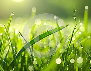 Green lush grass with water drops on blurred background, closeup