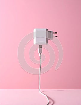 Pink background, USB power adapter and charging cable on flat panel.