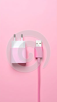 Pink background, USB power adapter and charging cable on flat panel.