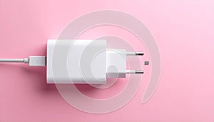 Pink background, USB power adapter and charging cable on flat panel.