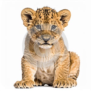 Lion Cub (6 weeks) in front of a white background