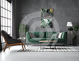 Living room with comfortable green sofa. Interior design