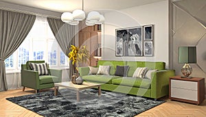 Living room with comfortable green sofa. Interior design