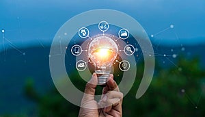 Innovation and Sustainability Concept with Glowing Light Bulb and Digital Icons.