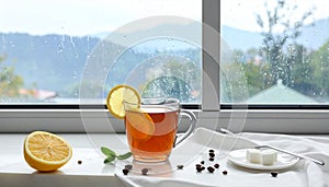 Cup of hot tea with lemon near window on rainy day