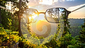 Glasses against the beautiful forest. View more clearly through the lenses.