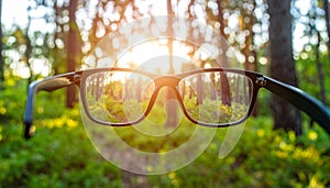 Glasses against the beautiful forest. View more clearly through the lenses.