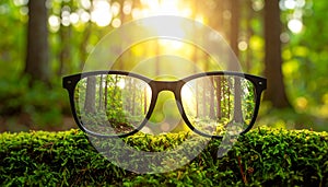 Glasses against the beautiful forest. View more clearly through the lenses.