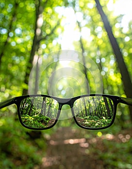 Glasses against the beautiful forest. View more clearly through the lenses.