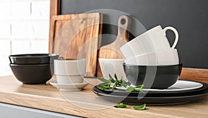 Set of dishware on table near chalkboard