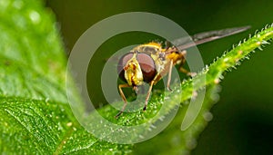 Details of a Yellow Hoverfly hidden in a green leaf